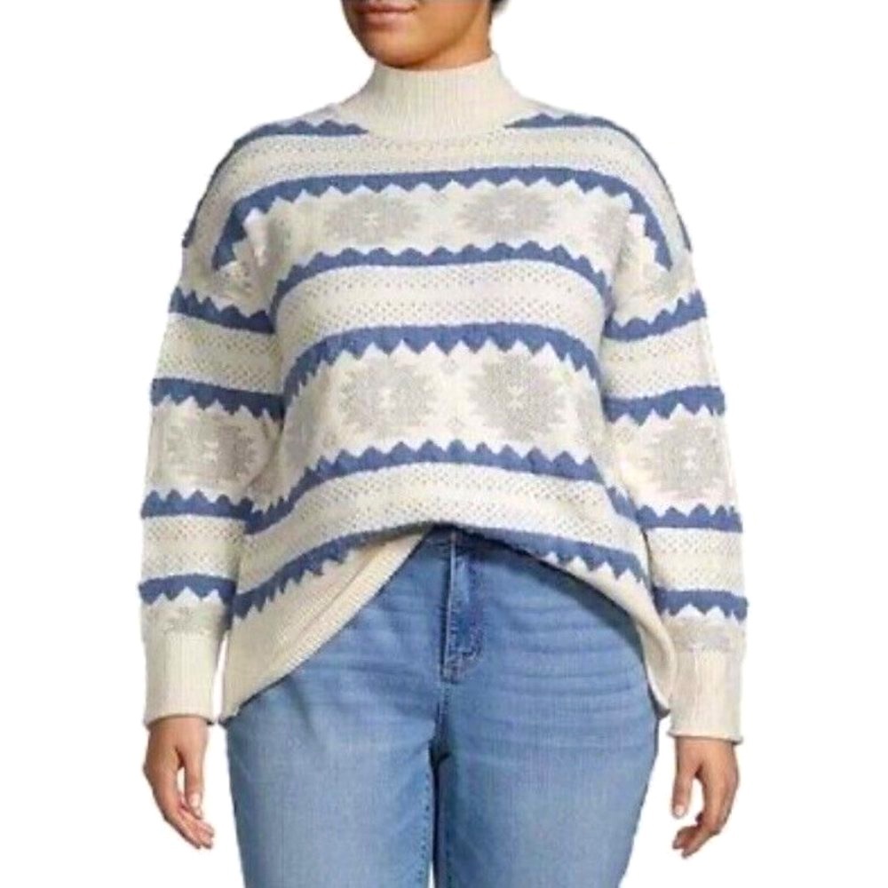 a.n.a Fair Isle Pullover Sweater Womens  Plus Size 1X White Blue Snowflake NWT